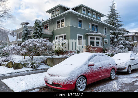 Seattle houses in the snow. Winter scene in the Capitol Hill neighborhood Stock Photo