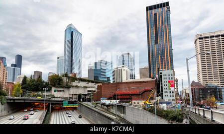 SEATTLE-NOV. 26, 2014: A view of downtown Seattle high rises with the I-5 Freeway in the foreground. The Washington State Convention Center is picture Stock Photo