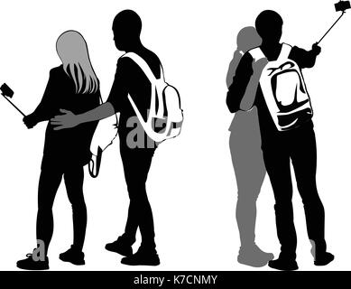Silhouettes of young couples taking pictures of smartphones - vector Stock Vector
