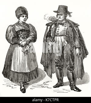 Old illutration of Bavarian costumes. By unidentified author, publ. on Le Tour du Monde, Paris, 1862 Stock Photo