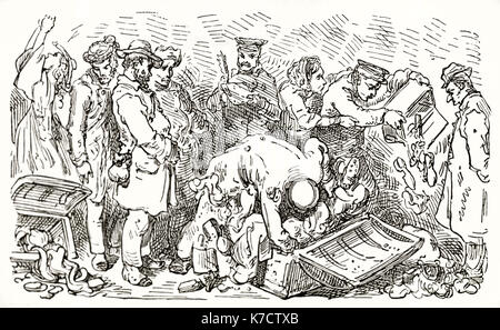 Old illustration depicting La Jonquera customs, Spain. By Dore, publ. on Le Tour du Monde, Paris, 1862 Stock Photo