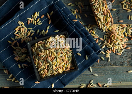 Dry Organic Tricolor Orzo Pasta in a Bowl Stock Photo