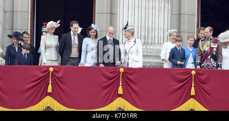 Photo Must Be Credited ©Alpha Press 079965 11/06/2016 Duchess of Gloucester Earl of Ulster Lady Gabrielle Gabriella Ella Windsor Lord Freddie Frederick Windsor and wife Sophie Winkleman Prince and Princess Michael Kent Prince Edward Earl Of Wessex Sophie Countess Of Wessex Lady Louise Windsor and Viscount Severn James Alexander Philip Theo Mountbatten Windsor in London for Trooping the Colour 2016 during The Queen's 90th Birthday Celebrations. Stock Photo