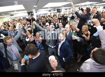 Photo Must Be Credited ©Alpha Press 079965 16/06/2016 Racegoers celebrating Englands victory over Wales at the Euro 2016 Football Championships at Ladies Day Royal Ascot 2016 at Ascot Racecourse in Ascot, Berkshire Stock Photo