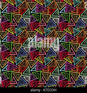 Easy tilable (you see 9 tiles) abstract geometric grunge seamless pattern (background, wallpaper, print, swatch) of colorful angular swirls on black Stock Vector