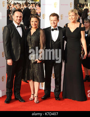 Photo Must Be Credited ©Kate Green/Alpha Press 079965 08/05/2016 Anthony Ant McPartlin and wife Lisa Armstrong with Dec Declan Donnelly and wife Ali Astall at the House of Fraser British Academy Television Bafta Awards Arrivals 2016 held at the Royal Festival Hall in London Stock Photo