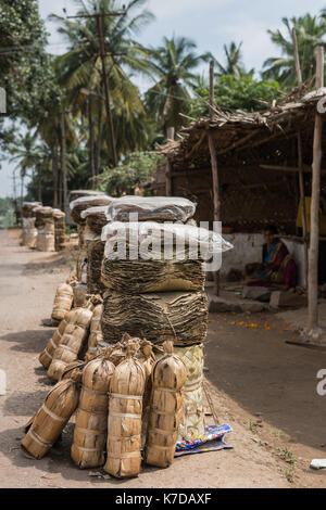 Mysore, India - October 27, 2013: In downtown Bannur village, stacks of dried banana and saal tree leaves stand in front of dilapidated workshops wher Stock Photo