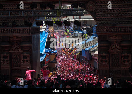 The image of Devotees dancing for Ganpati or Elephant headed lord  on the way to immersion at lalbaug, .Mumbai, India Stock Photo