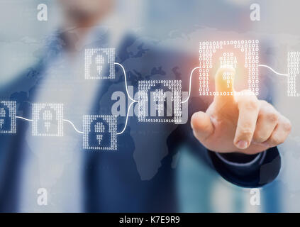 Blockchain cryptocurrency financial technology concept with binary code blocks linked and person touching interface, fintech Stock Photo