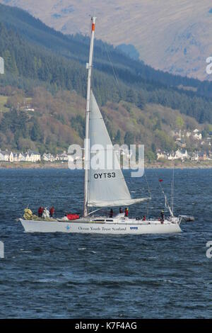 STV Alba Explorer (OYTS3), a sail training vessel operated by Ocean Youth Trust Scotland, off Cloch Point on the Firth of Clyde. Stock Photo