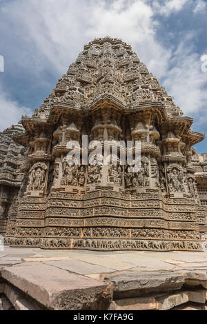 Mysore, India - October 27, 2013: Closeup of one third of the beige stone central sanctuary, called Trikuta, of Chennakesava Temple in Somanathpur und Stock Photo