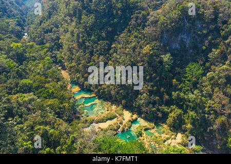 Aerial landscape of the Semuc Champey cascades and waterfalls, Peten tropical rainforest, Guatemala. Stock Photo