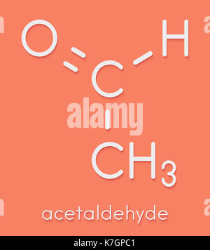 Acetaldehyde (ethanal) molecule, chemical structure. Acetaldehyde is a toxic molecule responsible for many symptoms of alcohol hangover.  Skeletal for Stock Photo
