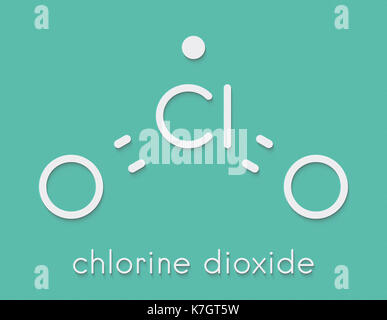 Chlorine dioxide (ClO2) molecule. Used in pulp bleaching and for disinfection of drinking water. Skeletal formula. Stock Photo