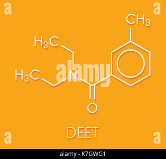 DEET (diethyltoluamide, N,N-Diethyl-meta-toluamide) insect repellent molecule. Skeletal formula. Stock Photo