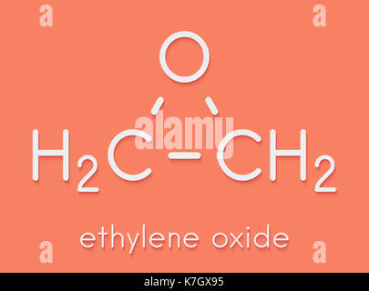 Ethylene oxide (oxirane) molecule. Uses include sterilization of medical devices and as a precursor of polymers. Skeletal formula. Stock Photo