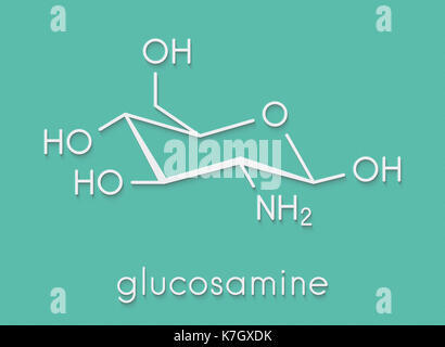 Glucosamine dietary supplement molecule. Used in treatment of osteoarthritis. Skeletal formula. Stock Photo