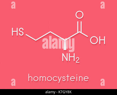 Homocysteine (Hcy) biomarker molecule. Increased levels indicate elevated risk of cardiovascular disease. Skeletal formula. Stock Photo