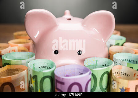 Close-up Of A Piggybank Surrounded With Rolled Euro Banknotes Stock Photo