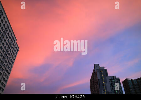 Stunning vibrant pink and blue clouds layer sunset sky over the high buildings in Bangkok's urban, Thailand Stock Photo