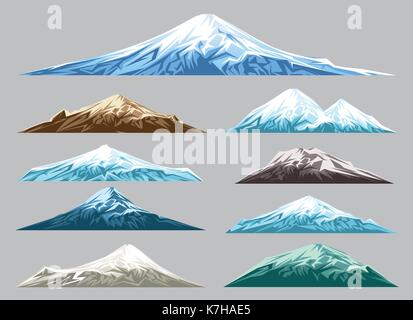 Mountain landscape set isolated on white background. Snow mountains range silhouettes for logo and design Stock Vector