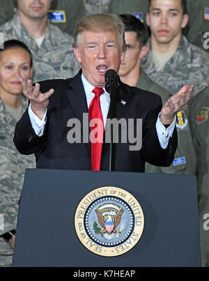 United States President Donald J. Trump delivers remarks to military personnel and families in a hanger at Joint Base Andrews in Maryland on Friday, September 15, 2017. He visited JBA to commemorate the 70th anniversary of the US Air Force. Credit: Ron Sachs/CNP Stock Photo