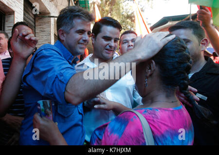 Bejuma, Carabobo, Venezuela. 15th Sep, 2017. Alejandro Feo La cruz, candidate of the table of the democratic unit, to the government by the state Carabobo, in a street route by the population of Bejuma, Carabobo state. Photo: Juan Carlos Hernandez Credit: Juan Carlos Hernandez/ZUMA Wire/Alamy Live News Stock Photo