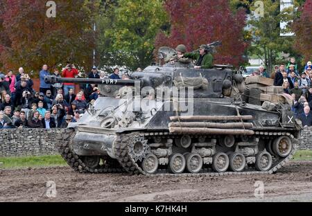 Demonstration at Bovington Tank Museum of the M4 Sherman from the film Fury Stock Photo