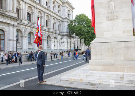 London UK. 16th September 2017. Apprentice boys marching bands take part in a wreath laying ceremony by loyalists at the Cenotaph in Whitehall to commemorate the first world war battle of the Somme and in memory of Lord Carson. Sir Edward Carson, was an Irish unionist politician who  became the leader of the Irish Unionist Alliance and Ulster Unionist Party between 1910 and 1921 Stock Photo