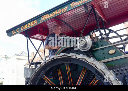 Steam powered traction engine in a carnival procession through Ringwood town centre, New Forest, Hampshire. Stock Photo