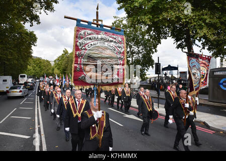 London, UK. 16th September 2017. Apprentice Boys marching in the Lord Carson Memorial parade from Temple to lay wreaths at the Cenotaph on Whitehall. Stock Photo