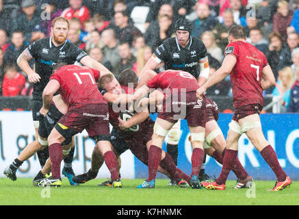 Action from the Liberty Stadium, Swansea in a Pro14 rugby match between Ospreys and Munster Stock Photo