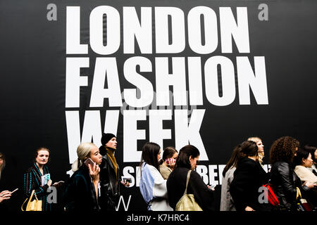 London, UK. 16th September, 2017. The public seen entering the show. Running over five days, the event sees designers showcase their Autumn/Winter 2018 range in venues across the city. Credit: SOPA Images Limited/Alamy Live News Stock Photo