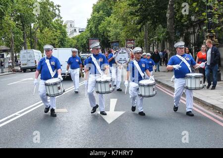 London, UK. 16th Sep, 2017. Apprentice boys of Derry march through London to remember Ulstermen who fought in the Great war. Lord Carson led Ulster Protestants against Home Rule in the early part of the 20th century.  Credit: claire doherty/Alamy Live News Stock Photo