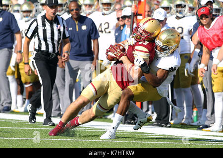 Alumni Stadium. 16th Sep, 2017. MA, USA; Boston College Eagles wide receiver Charlie Callinan (83) is tackled during the first half of the NCAA football game between Notre Dame Fighting Irish and Boston College Eagles at Alumni Stadium. Anthony Nesmith/CSM/Alamy Live News Stock Photo