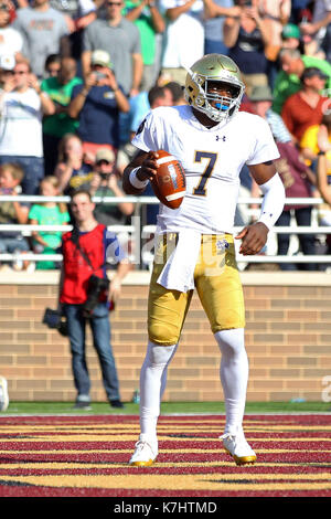 Alumni Stadium. 16th Sep, 2017. MA, USA; Notre Dame Fighting Irish quarterback Brandon Wimbush (7) celebrate after scoring a touchdown during the first half of the NCAA football game between Notre Dame Fighting Irish and Boston College Eagles at Alumni Stadium. Anthony Nesmith/CSM/Alamy Live News Stock Photo