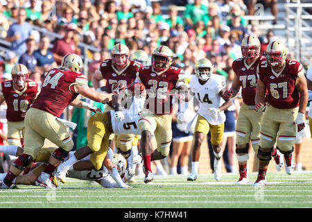 Alumni Stadium. 16th Sep, 2017. MA, USA; Boston College Eagles running back Jon Hilliman (32) runs with the ball during the first half of the NCAA football game between Notre Dame Fighting Irish and Boston College Eagles at Alumni Stadium. Anthony Nesmith/CSM/Alamy Live News Stock Photo