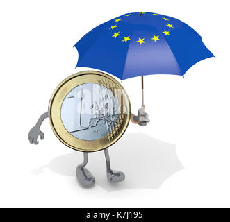 Euro coin with arms, legs and Umbrella with flag of Europe on hand, isolated on white, 3D illustration Stock Photo