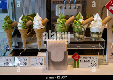 Kyoto, Japan - May 17, 2017:  Display of delicious green matcha ice cream and prices Stock Photo