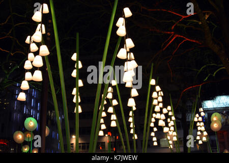 Photo Must Be Credited ©Alpha Press 066465 16/01/2016 Garden of Light by TILT in Leicester Square at the Lumiere London Light Festival. TILT is a French collective that reclaim public space for their art. They create luminous, dreamlike structures using recycled materials processed to high technical production quality. Founders Francois Fouilhe and Jean Baptiste Laude started the collective to give prominence to light art and to encourage audiences to view it from a new perspective. Enjoy this magical collection of plant sculptures. Forget about the cold; let the glow of giant flowers and tree Stock Photo