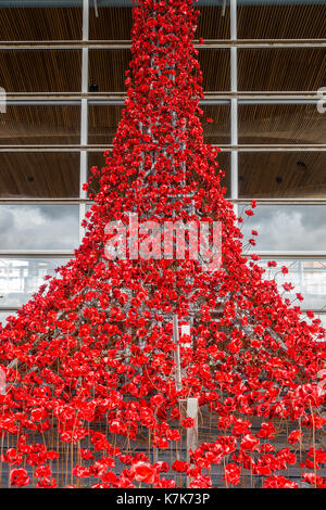 Cardiff, Wales, United Kingdom - September 15, 2017: Weeping Window, a cascade of several thousand handmade Poppies pouring from a window of the Welsh Stock Photo