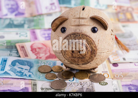 Wooden piggy bank looking at camera on top of pile of Serbian dinars Stock Photo