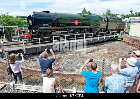 Steam locomotive 35028 'Clan Line' at Yeovil Junction having brought a special train from London Waterloo 50 years after the end of steam on the line Stock Photo