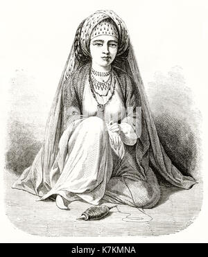 Old illustration of Young Persian woman in Varamin. By Duhousset, publ. on Le Tour du Monde, Paris, 1862 Stock Photo