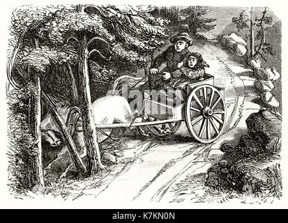 Old illustration depicting a cart sliding out of the road. By unidentified author, publ. on Le Tour du Monde, Paris, 1862 Stock Photo