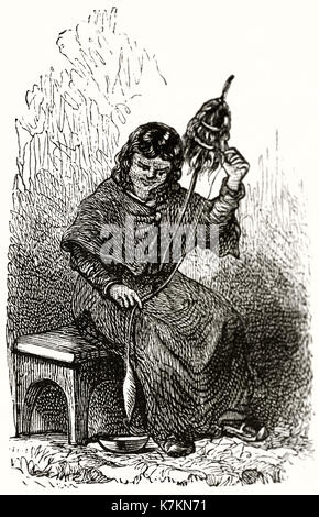 Old illustration of South American woman spinning. By Riou, publ. on Le Tour du Monde, Paris, 1862 Stock Photo