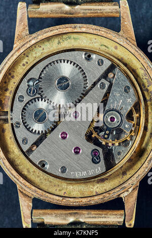 Close-up of the machinery of a wristwatch, macro shot Stock Photo