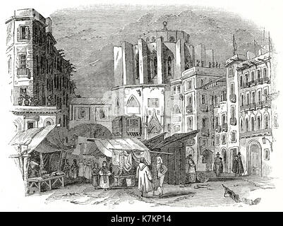 Old view of Santa Maria del Mar church, Barcelona, Spain By unidentified author, publ. on The Penny Magazine, London, 1837 Stock Photo