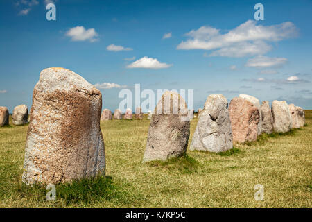 Ales megalithic stoanding stones in Kaseberga, Sweden (Ales stenar). Stock Photo