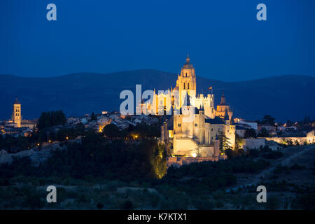 Famous spectacular view of Alcazar Castle - palace and fortress which inspired Disney castle, and Cathedral in Segovia, Spain Stock Photo